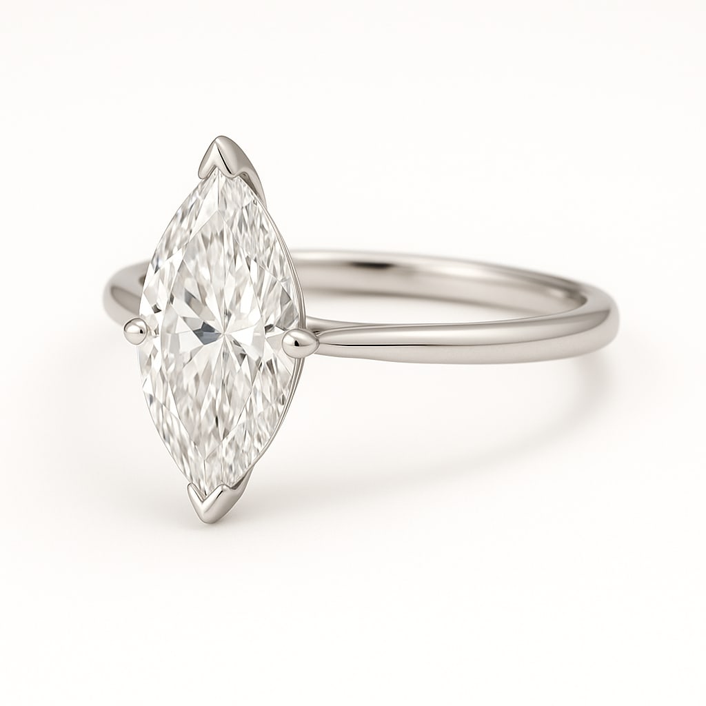 4.00 CT Lab Grown Marquise Cut Diamond Solitaire Ring in 14K White Gold: Graceful 4.00 carat lab grown marquise cut diamond, prong set on a sleek polished 14K white gold band. A sophisticated solitaire design that blends timeless elegance with modern simplicity.Color Grade