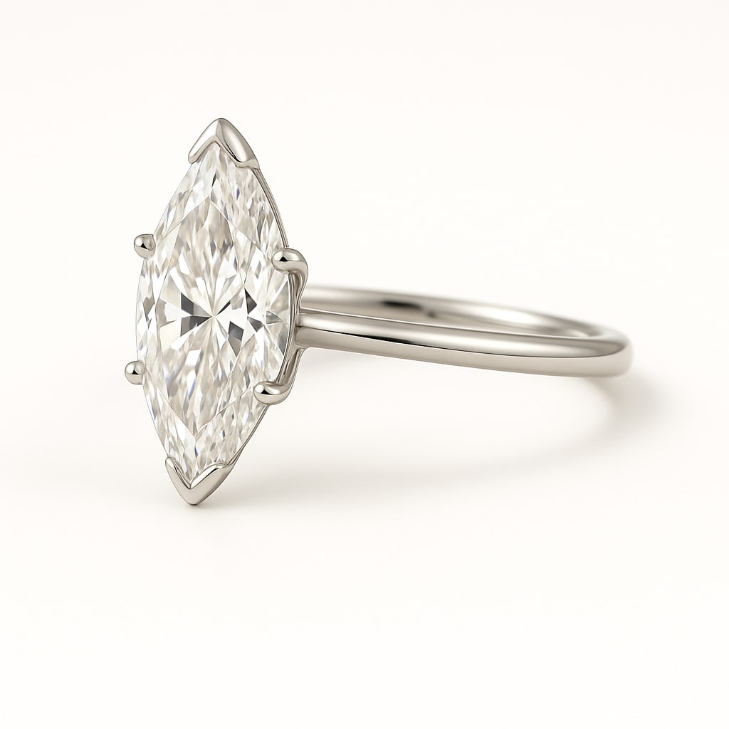 3.50 CT Lab Grown Marquise Cut Diamond Solitaire Ring in 14K White Gold: Elegant 3.50 carat lab grown marquise cut diamond, prong set in a polished 14K white gold band. A timeless solitaire ring that combines brilliance and sophistication in a sleek design.Color Grade: D��