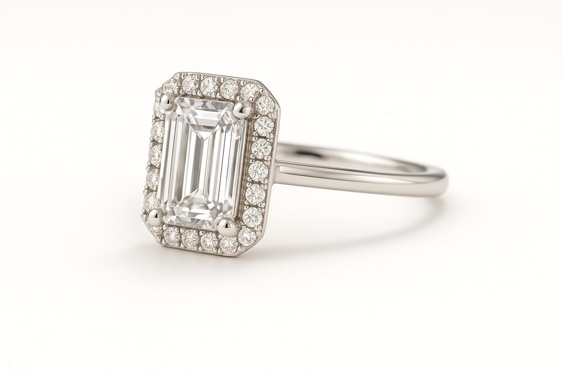 5.00 CT Lab Grown Emerald Cut Diamond Halo Ring in 14K White Gold: Exquisite 5.00 carat lab grown emerald cut diamond, surrounded by a halo of lab grown round brilliant diamonds. Set in polished 14K white gold, this ring combines timeless sophistication with radiant 