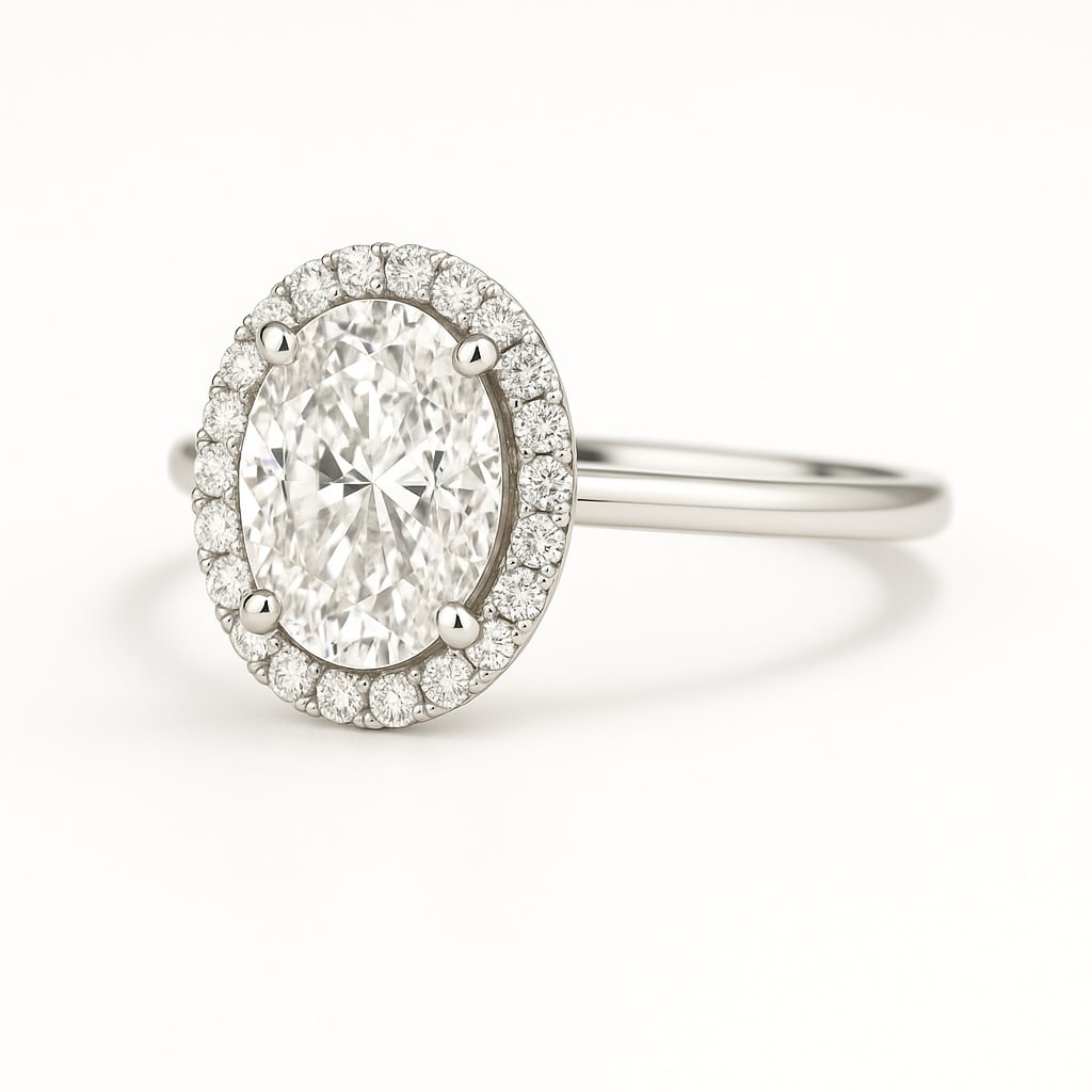 6.00 CT Lab Grown Oval Cut Diamond Halo Ring in 14K White Gold: Exquisite 6.00 carat lab grown oval cut diamond, framed by a halo of lab grown round brilliant diamonds. Set in polished 14K white gold, this design delivers brilliance and timeless charm.Color Grade: