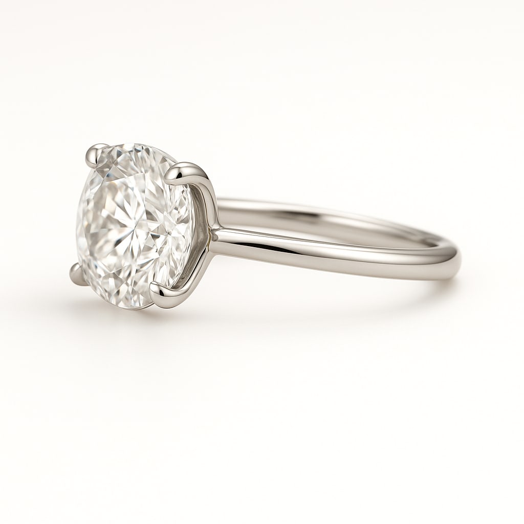 3.50 CT Lab Grown Round Brilliant Diamond Solitaire Ring in 14K White Gold: Timeless 3.50 carat lab grown round brilliant diamond, prong set on a polished 14K white gold band. A minimalist solitaire engagement ring that highlights the diamond’s brilliance.Color Grade: D–F