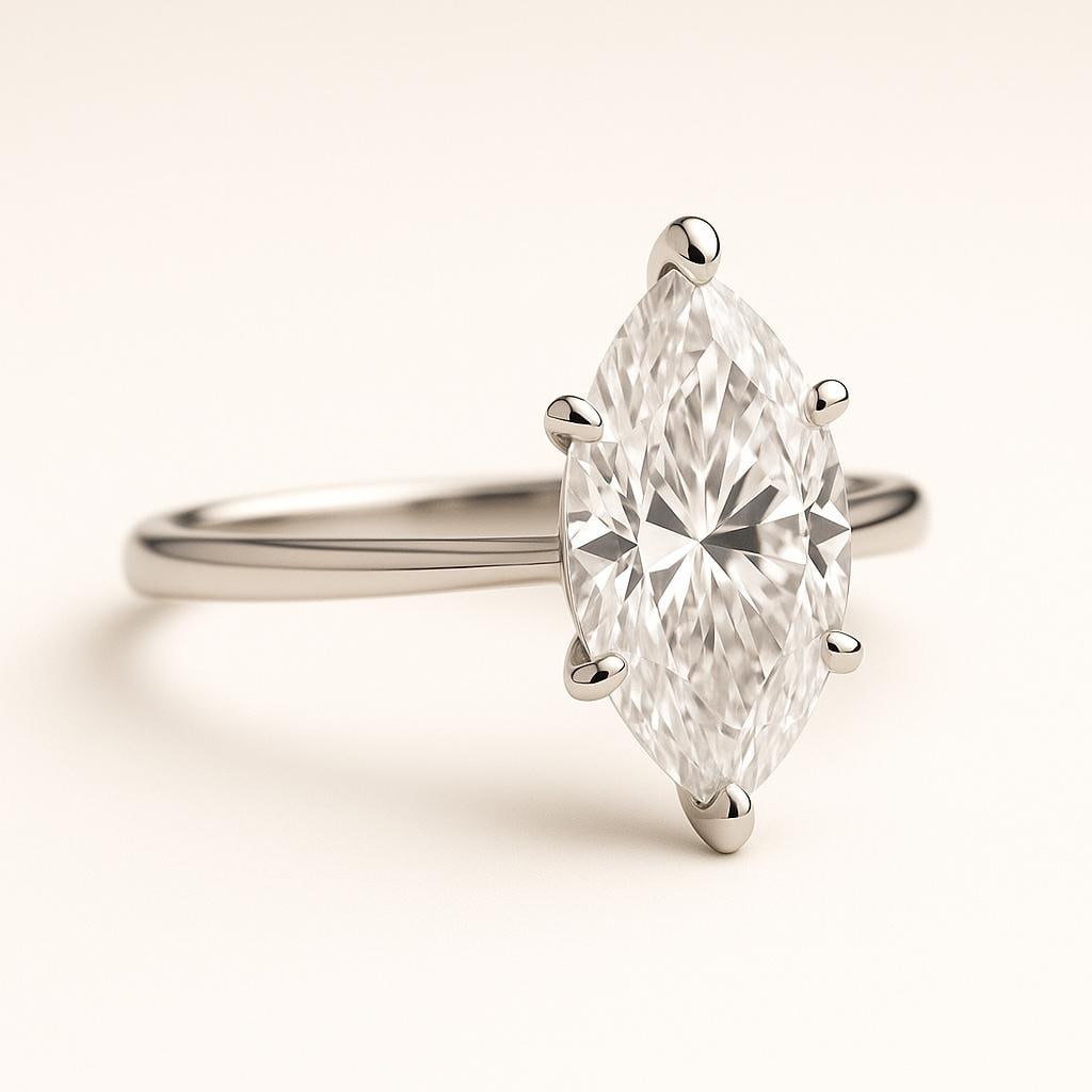 4.00 CT Lab Grown Marquise Cut Diamond Solitaire Ring in 14K White Gold: Elegant 4.00 carat lab grown marquise cut diamond, prong set on a polished 14K white gold band. A timeless solitaire engagement ring design with a sleek elongated silhouette for maximum brilliance.Col