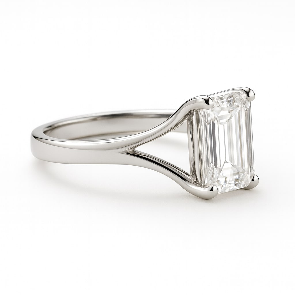 3.50 CT Lab Grown Emerald Cut Diamond Solitaire Ring in 14K White Gold: Sophisticated 3.50 carat lab grown emerald cut diamond solitaire, set in a polished 14K white gold split-shank band. This design emphasizes the step-cut clarity and symmetry of the emerald cut for tim