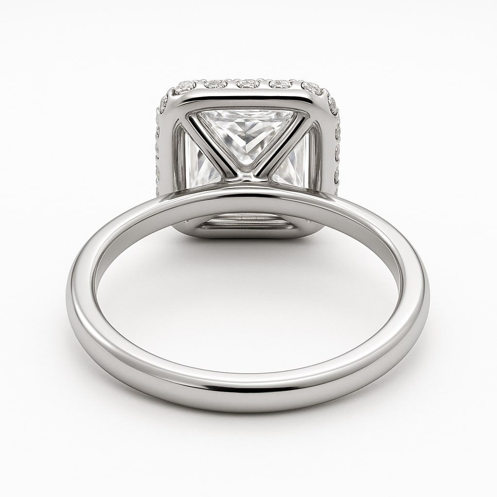 4.00 CT Lab Grown Princess Cut Diamond Halo Ring in 14K White Gold: Stunning 4.00 carat lab grown princess cut diamond, surrounded by a halo of lab grown round brilliant diamonds. Set in polished 14K white gold, this design blends sharp modern lines with radiant brill