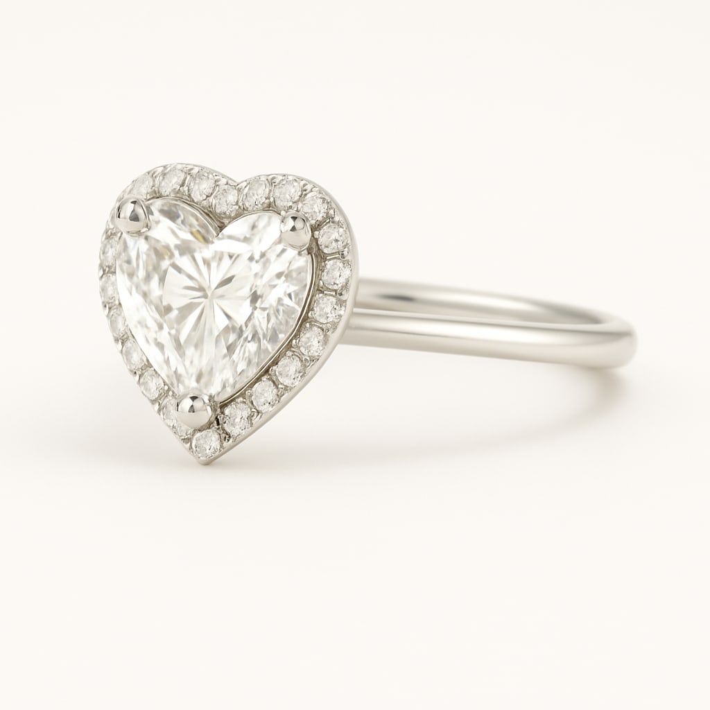4.50 CT Lab Grown Heart Cut Diamond Halo Ring in 14K White Gold: Romantic 4.50 carat lab grown heart cut diamond, encircled by a halo of lab grown round brilliant diamonds. Set in polished 14K white gold, this ring radiates love, sparkle, and timeless elegance.Colo
