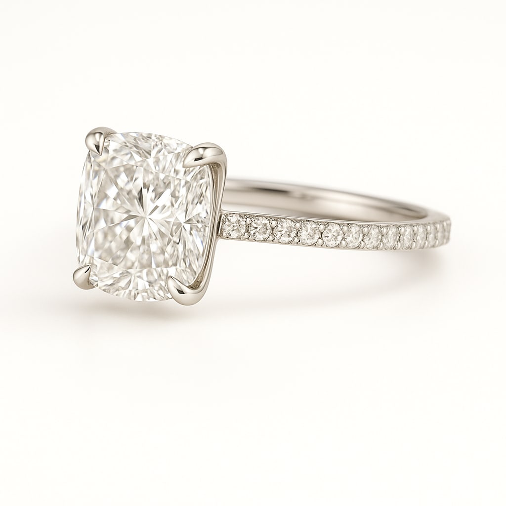 5.00 CT Lab Grown Cushion Cut Diamond Solitaire Ring with Pavé Band in 14K White Gold: Exquisite 5.00 carat lab grown cushion cut diamond, prong set on a polished 14K white gold pavé band. A timeless solitaire engagement ring that blends elegance with modern sparkle.Color Grade: D–FC
