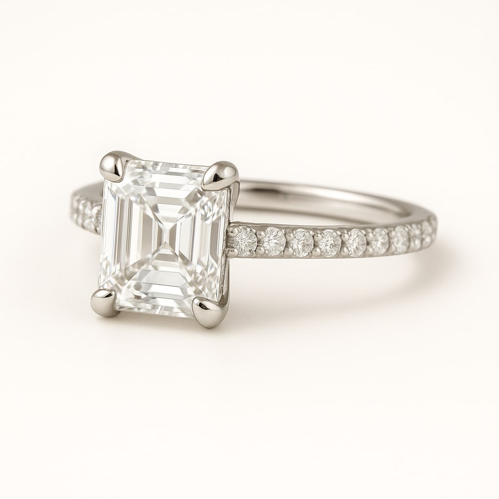 3.50 CT Lab Grown Asscher Cut Diamond Solitaire Ring with Pavé Band in 14K White Gold: Elegant 3.50 carat lab grown asscher cut diamond, prong set on a polished 14K white gold pavé band. A sophisticated solitaire engagement ring that highlights the clean symmetry and timeless brillianc