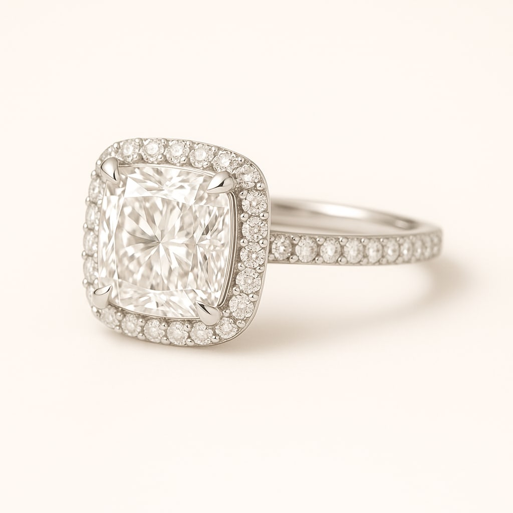 5.50 CT Lab Grown Cushion Cut Diamond Halo Ring with Pavé Band in 14K White Gold: Stunning 5.50 carat lab grown cushion cut diamond, framed by a halo of lab grown round brilliant diamonds and set on a polished 14K white gold pavé band. A glamorous engagement ring that combines bri