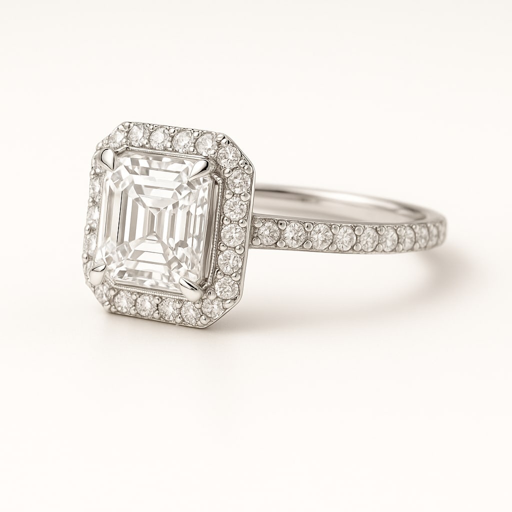 3.50 CT Lab Grown Asscher Cut Diamond Halo Ring with Pavé Band in 14K White Gold: Sophisticated 3.50 carat lab grown asscher cut diamond, surrounded by a halo of lab grown round brilliant diamonds and set on a polished 14K white gold pavé band. A refined engagement ring that blend