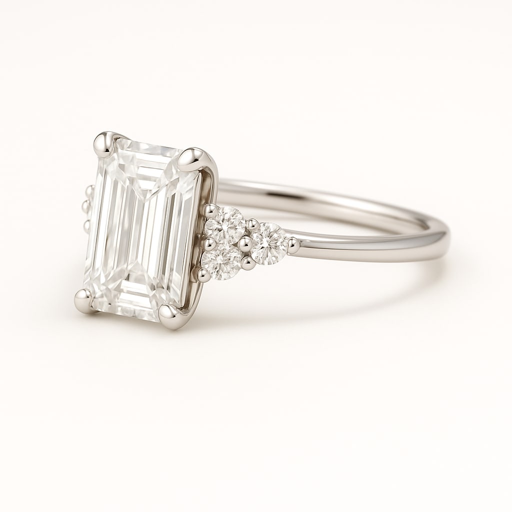4.50 CT Lab Grown Emerald Cut Diamond Three-Stone Ring in 14K White Gold: Elegant 4.50 carat lab grown emerald cut diamond, accented with clusters of lab grown round brilliant diamonds on each side. Set in polished 14K white gold, this three-stone engagement ring combines s