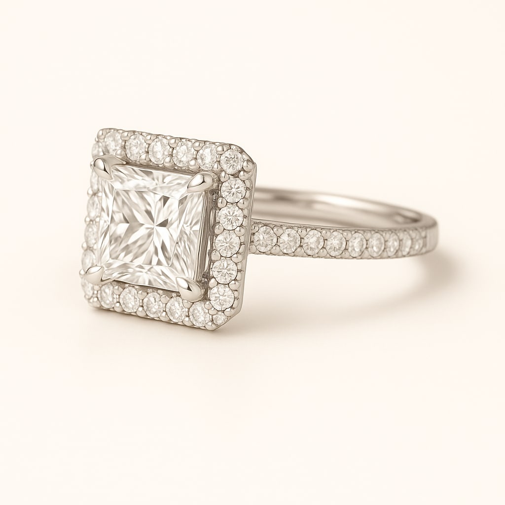 4.50 CT Lab Grown Princess Cut Diamond Halo Ring with Pavé Band in 14K White Gold: Exquisite 4.50 carat lab grown princess cut diamond, surrounded by a halo of lab grown round brilliant diamonds and set on a polished 14K white gold pavé band. A dazzling engagement ring that combine
