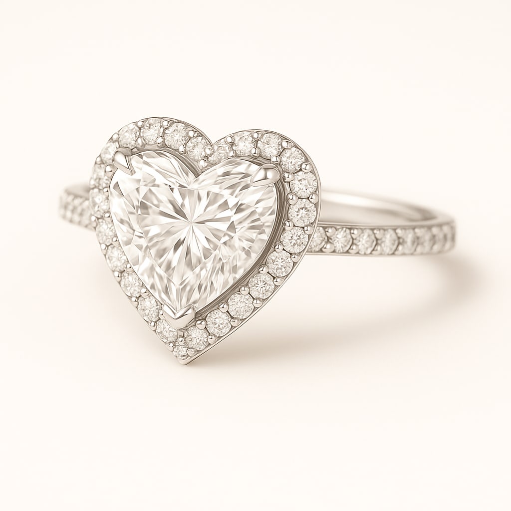 5.00 CT Lab Grown Heart Cut Diamond Halo Ring with Pavé Band in 14K White Gold: Exquisite 5.00 carat lab grown heart cut diamond, surrounded by a halo of lab grown round brilliant diamonds and set on a polished 14K white gold pavé band. A romantic engagement ring that symbolizes