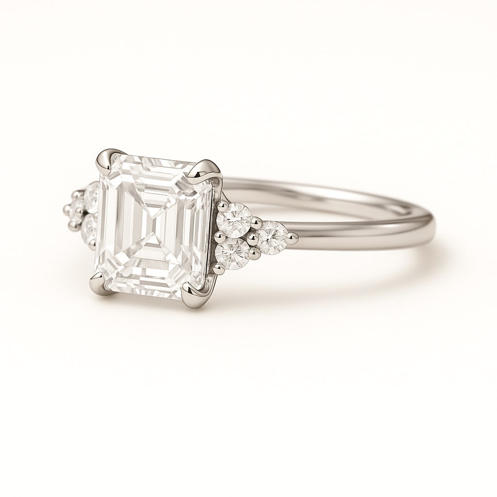 3.50 CT Lab Grown Asscher Cut Diamond Solitaire Ring with Side Accents in 14K White Gold: Elegant 3.50 carat lab grown asscher cut diamond, set on a polished 14K white gold band with sparkling round side accent diamonds. A refined solitaire engagement ring that highlights the symmetry and 