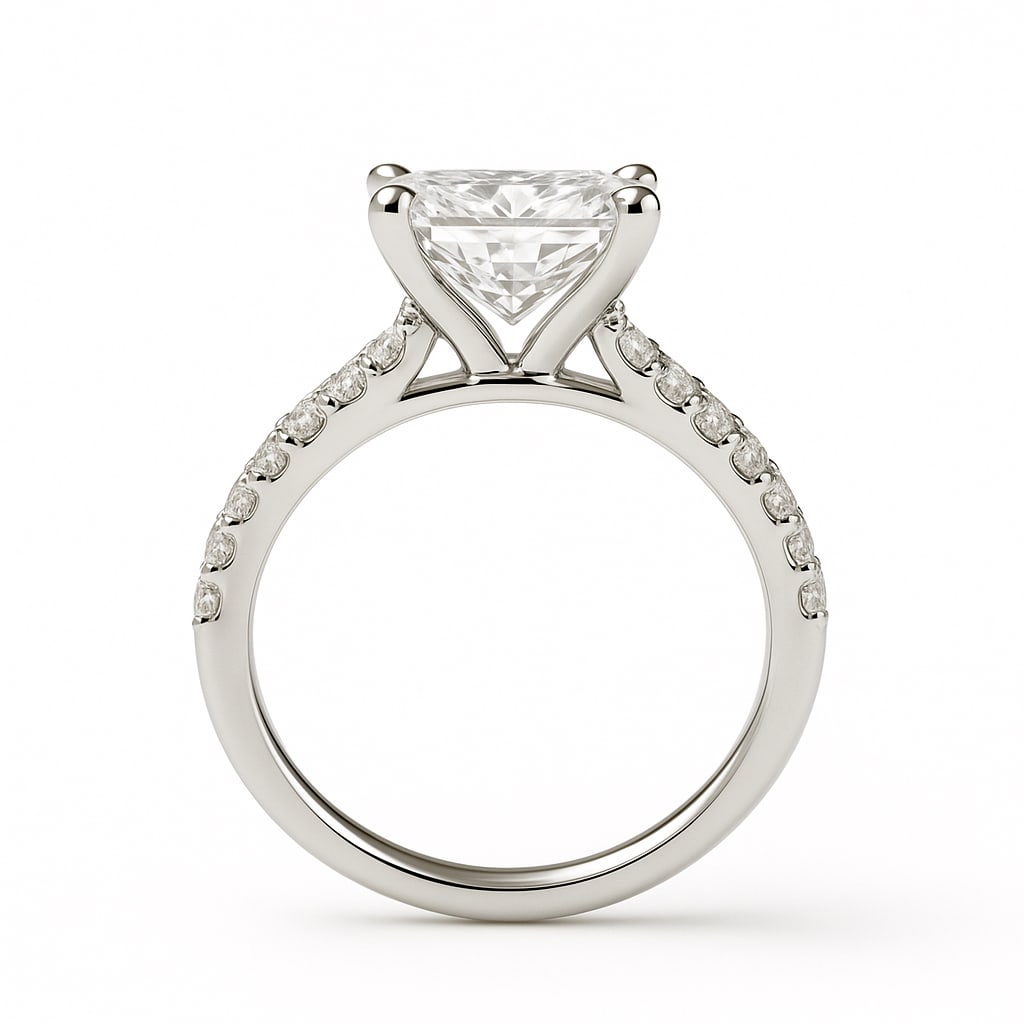 4.50 CT Lab Grown Princess Cut Diamond Solitaire Ring with Pavé Band in 14K White Gold: Exquisite 4.50 carat lab grown princess cut diamond, prong set on a polished 14K white gold pavé band. A sophisticated solitaire engagement ring that showcases the brilliance and symmetry of the prin