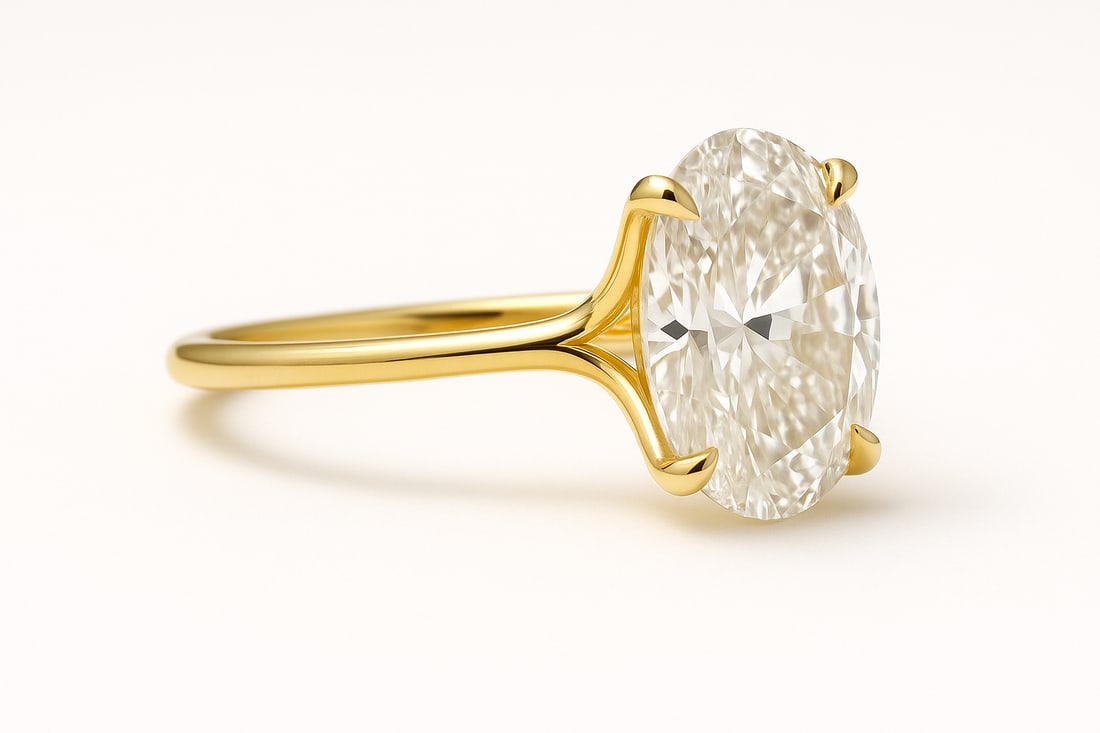 5.00 CT Lab Grown Oval Cut Diamond Solitaire Ring in 14K Yellow Gold: Stunning 5.00 carat lab grown oval cut diamond, prong set on a polished 14K yellow gold band. A timeless solitaire engagement ring that blends elegance with modern sophistication.Color Grade: D–FCla