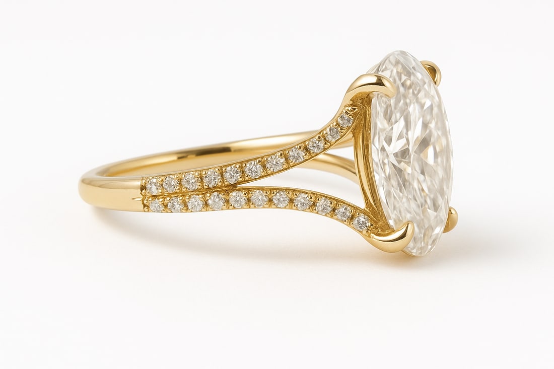 10.00 CT Lab Grown Oval Cut Diamond Solitaire Ring with Split Pavé Band in 14K Yellow Gold: Magnificent 10.00 carat lab grown oval cut diamond, prong set on a polished 14K yellow gold split pavé band. A bold engagement ring that blends grandeur with timeless brilliance.Color Grade: D–FCla