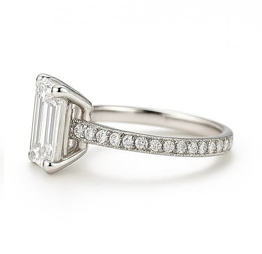 10.00 CT Lab Grown Emerald Cut Diamond Solitaire Ring with Pavé Band in 14K White Gold: Exquisite 10.00 carat lab grown emerald cut diamond, prong set on a polished 14K white gold pavé band. A statement solitaire engagement ring that blends bold sophistication with timeless elegance.Col