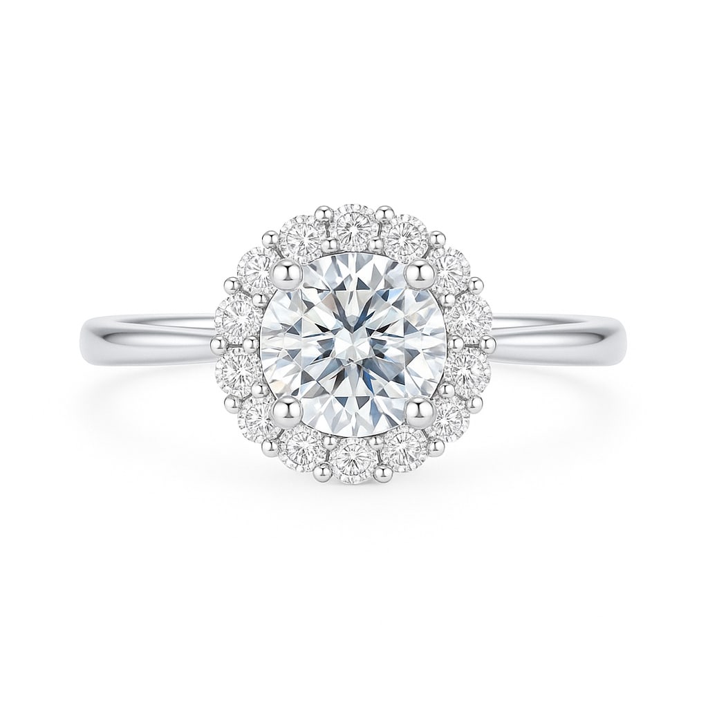 2.50 CT Lab Grown Round Brilliant Diamond Halo Ring in 14K White Gold: Elegant 2.50 carat lab grown round brilliant diamond, encircled by a halo of lab grown round diamonds, set on a polished 14K white gold band. A timeless engagement ring that maximizes sparkle and soph