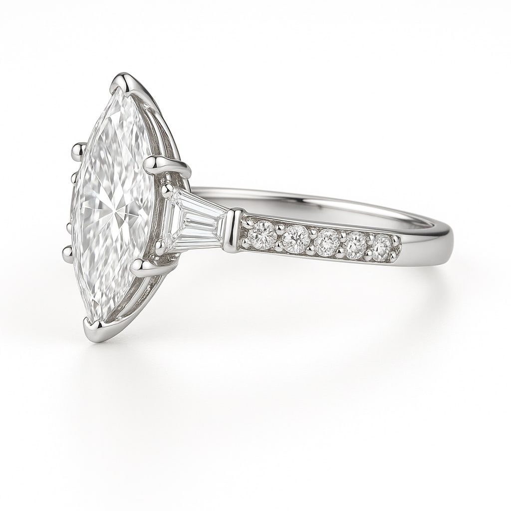 3.50 CT Marquise Cut Lab Grown Diamond Ring with Tapered Baguette Side Stones and Pavé Band in 14K: A refined 3.50 carat marquise cut lab grown diamond sparkles at the center, flanked by tapered baguette side stones for added elegance. The pavé-set diamond band adds brilliance and sophistication, w