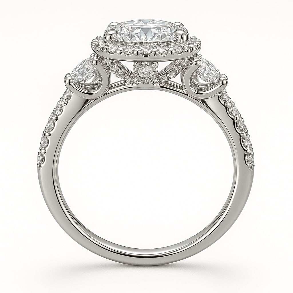 7.50 CT Round Brilliant Lab Grown Diamond Halo Ring with Side Stones in 14K White Gold: A breathtaking 7.50 carat round brilliant lab grown diamond sparkles at the center, encircled by a shimmering halo of diamonds. Two matching side stones and a pavé-set diamond band add brilliance and
