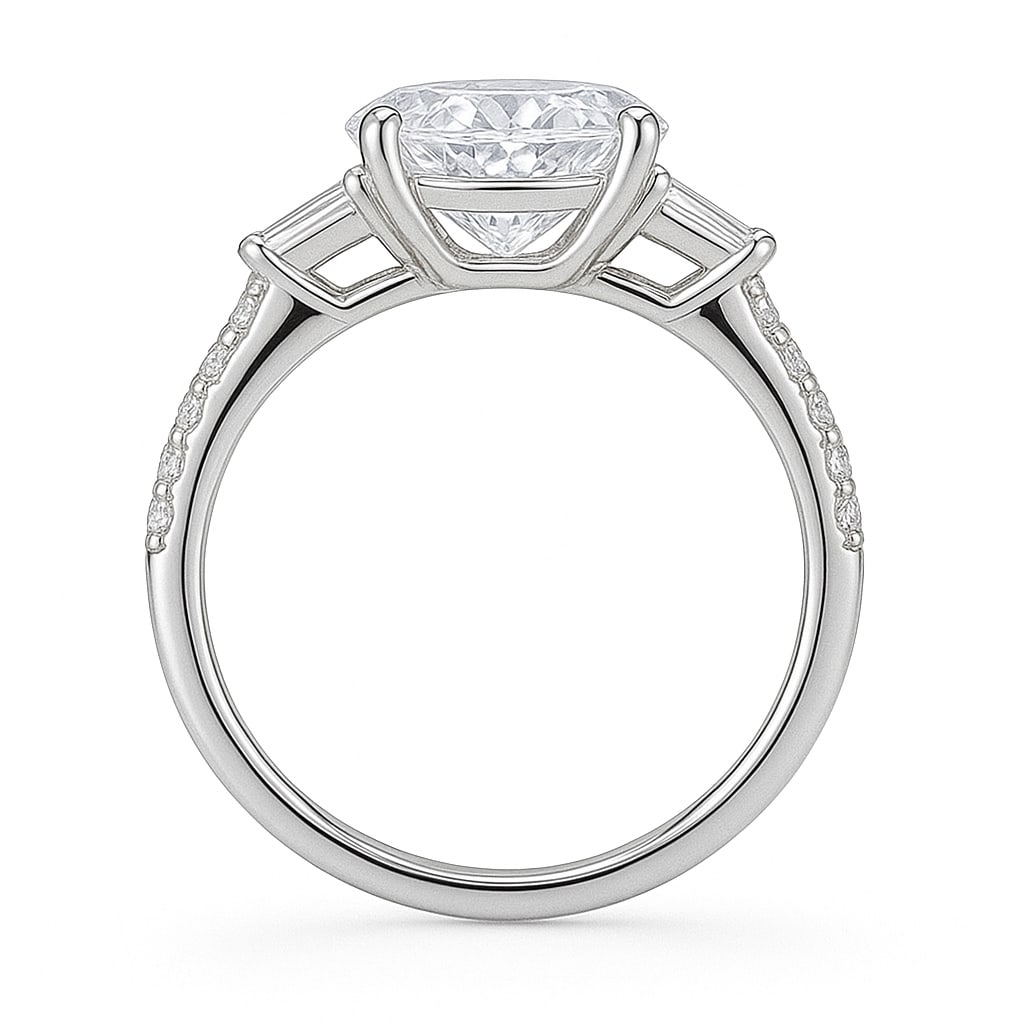 7.50 CT Oval Cut Lab Grown Diamond Ring with Tapered Baguette Side Stones in 14K White Gold: A stunning 7.50 carat oval cut lab grown diamond sparkles brilliantly at the center, accented by tapered baguette side stones. The pavé-set diamond band enhances its brilliance, while the polished 14