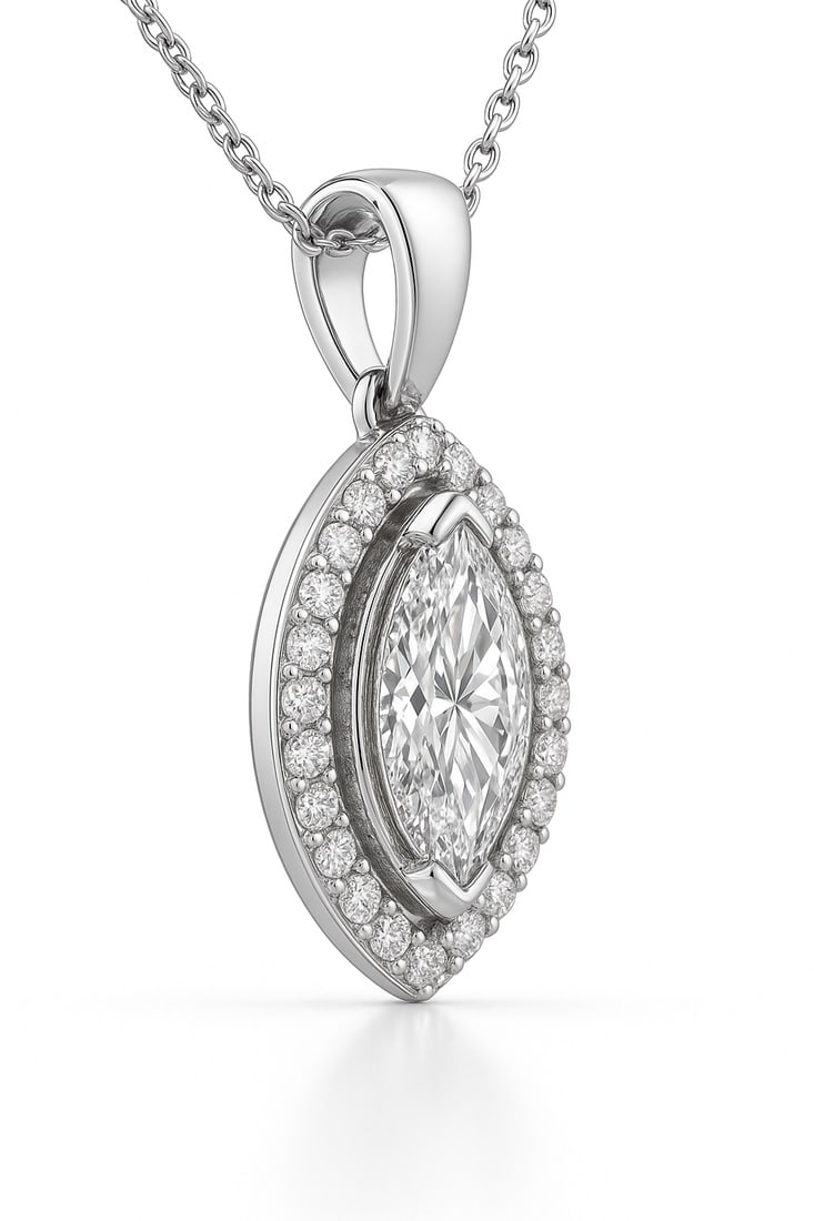 2.00 CT Marquise Cut Lab Grown Diamond Double Halo Pendant in 14K White Gold: A dazzling 2.00 carat marquise cut lab grown diamond sparkles at the center, framed by two rows of shimmering round diamonds in a double halo design. Suspended from a polished 14K white gold chain, th