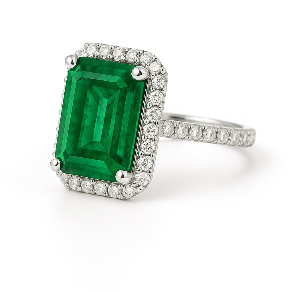 10.00 CT Emerald Cut Lab Grown Emerald Halo Ring with Lab Grown Diamond Accents in 14K White Gold: An extraordinary 10.00 carat lab grown emerald dazzles at the center, framed by a sparkling halo of round lab grown diamonds. Additional pavé-set diamonds along the band enhance the brilliance, while