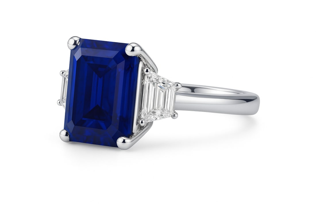 15.00 CT Emerald Cut Lab Grown Blue Sapphire Three-Stone Ring with Lab Grown Diamond Side Stones in (1 of 2)