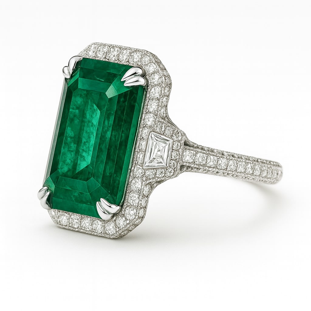15.00 CT Emerald Cut Lab Grown Emerald Halo Ring with Lab Grown Diamond Side Stones in 14K White (1 of 2)