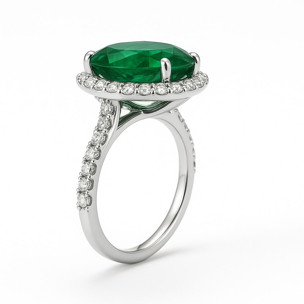 10.00 CT Oval Cut Lab Grown Emerald Halo Ring with Lab Grown Diamond Accents in 14K White Gold: A majestic 10.00 carat oval cut lab grown emerald captivates with its deep green brilliance, encircled by a halo of sparkling round lab grown diamonds. The pavé-set diamond band enhances the overall 