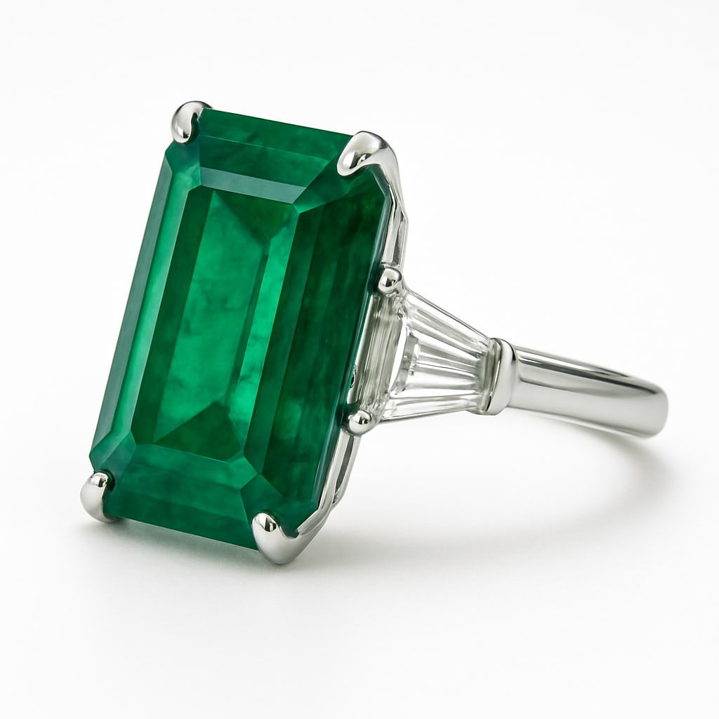 15.00 CT Emerald Cut Lab Grown Emerald Ring with Lab Grown Diamond Side Stones in 14K White Gold: A majestic 15.00 carat emerald cut lab grown emerald radiates rich green brilliance at the center, flanked by two trapezoid cut lab grown diamonds. Set in polished 14K white gold, this sophisticated t