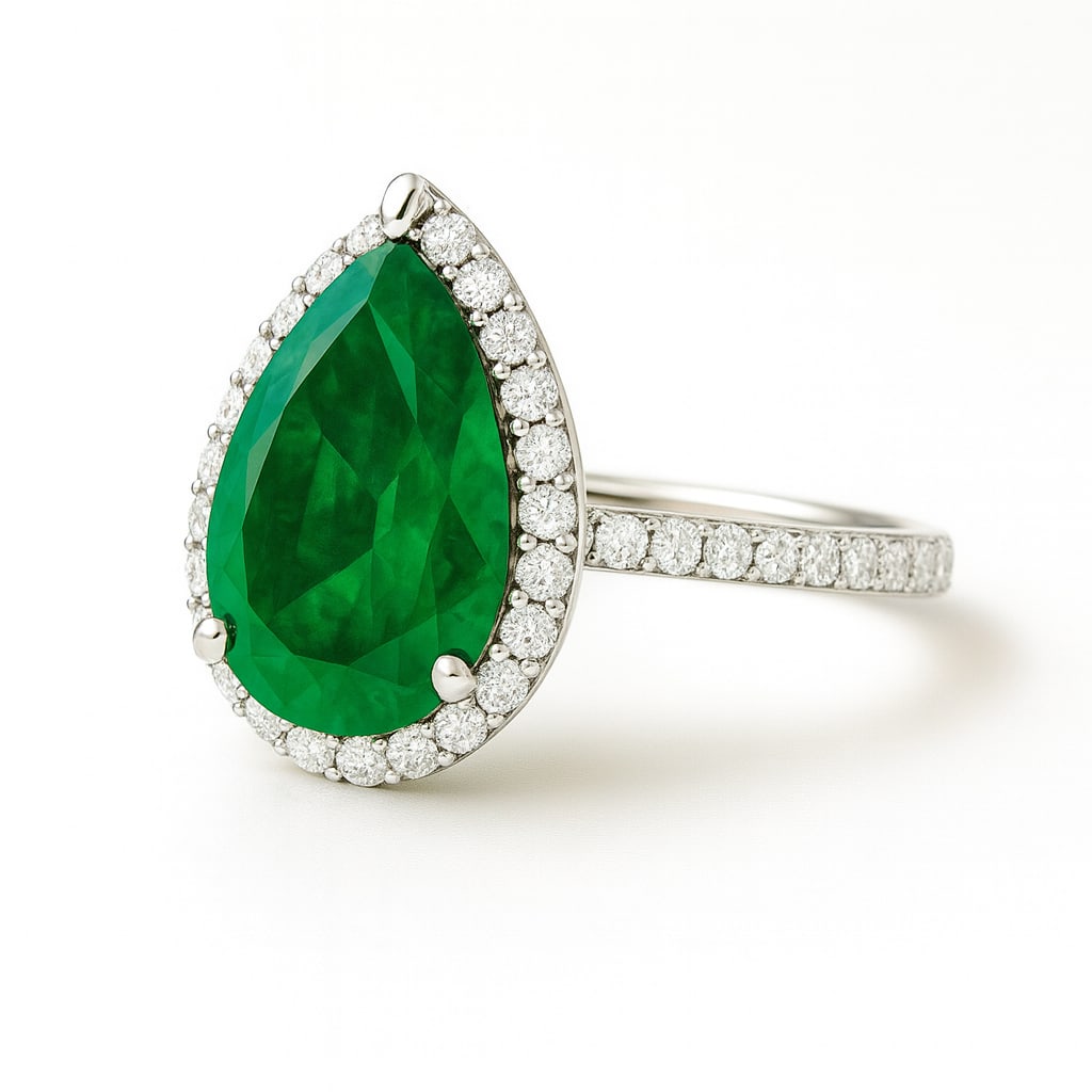 7.50 CT Pear Cut Lab Grown Emerald Halo Ring with Lab Grown Diamond Accents in 14K White Gold: A captivating 7.50 carat pear cut lab grown emerald glows with vivid green brilliance, framed by a halo of sparkling round lab grown diamonds. The pavé-set diamond band enhances its radiance, while t
