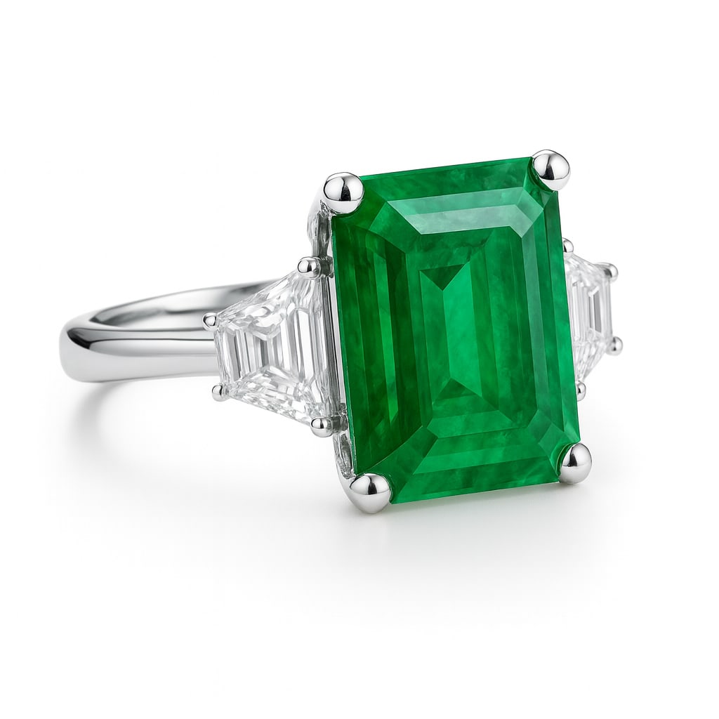 15.00 CT Emerald Cut Lab Grown Emerald Ring with Lab Grown Diamond Side Stones in 14K White Gold: A magnificent 15.00 carat emerald cut lab grown emerald glows with vibrant green brilliance, complemented by trapezoid cut lab grown diamond side stones. Set in polished 14K white gold, this sophistic