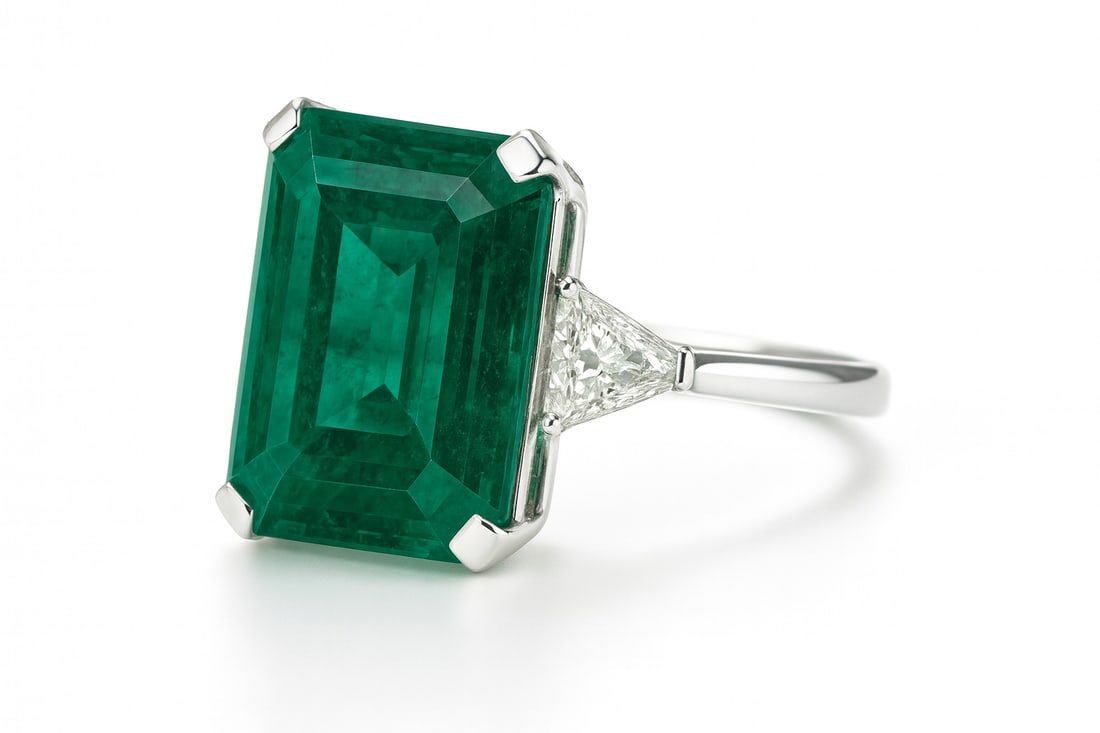 20.00 CT Emerald Cut Lab Grown Emerald Ring with Trillion Cut Lab Grown Diamond Side Stones in 14K (1 of 2)