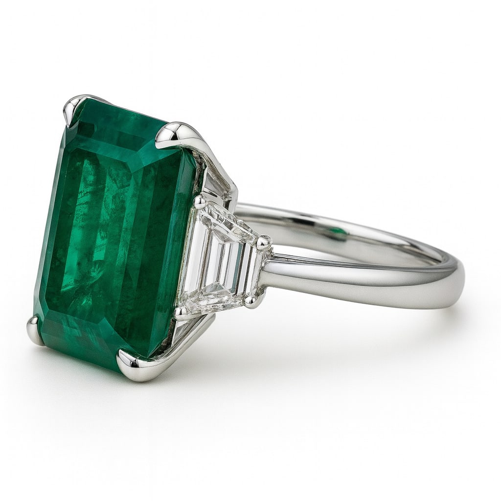 15.00 CT Emerald Cut Lab Grown Emerald Three-Stone Ring with Lab Grown Diamond Side Stones in 14K: A magnificent 15.00 carat emerald cut lab grown emerald glows with rich green brilliance, flanked by baguette cut lab grown diamond side stones. Set in polished 14K white gold, this elegant three-ston