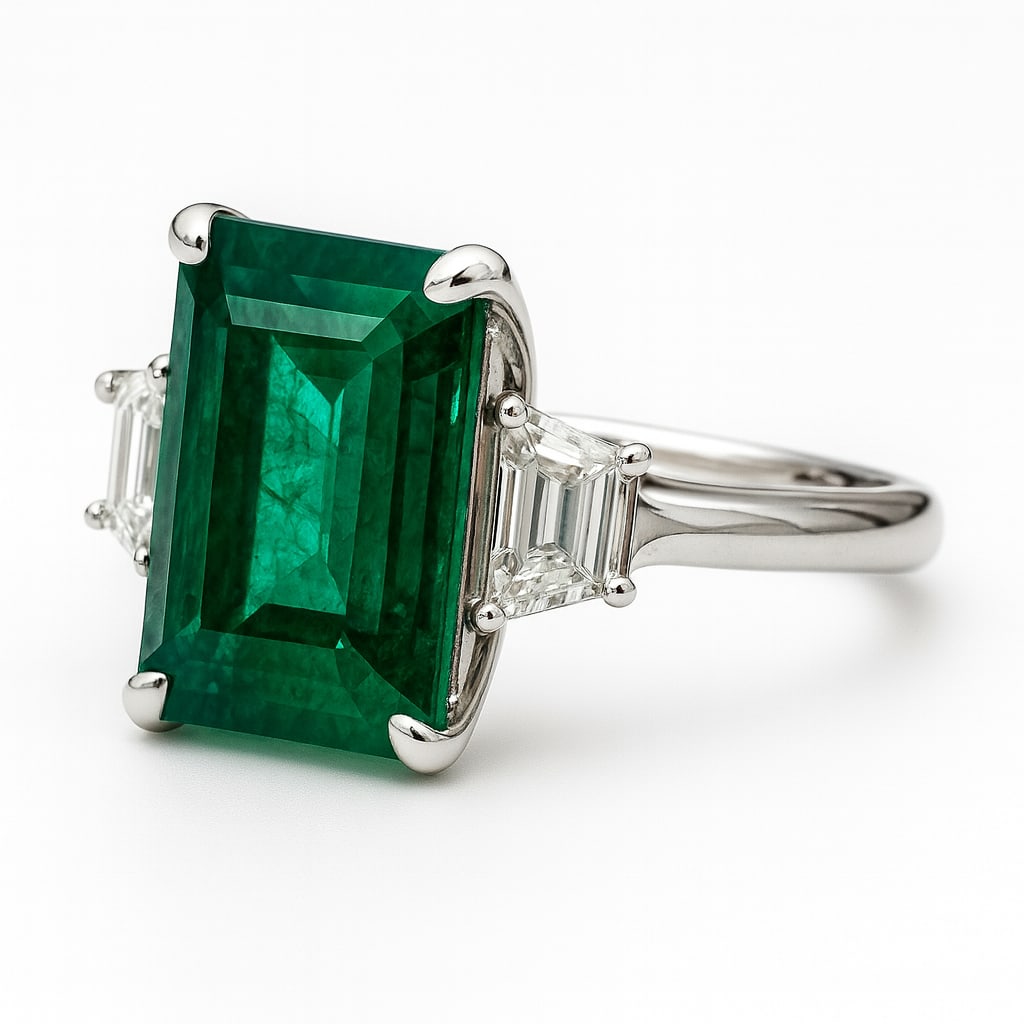 10.00 CT Emerald Cut Lab Grown Emerald Three-Stone Ring with Lab Grown Diamond Side Stones in 14K: A majestic 10.00 carat emerald cut lab grown emerald glows with vivid green brilliance, flanked by trapezoid cut lab grown diamond side stones. Set in polished 14K white gold, this three-stone design 