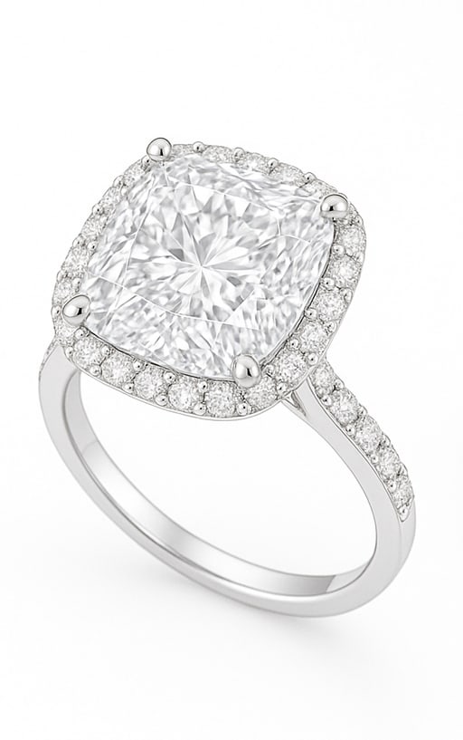 8.50 CT Cushion Cut Lab Grown Diamond Halo Ring with Pavé Band in 14K White Gold: A breathtaking 8.50 carat cushion cut lab grown diamond sparkles at the center, surrounded by a halo of brilliant round diamonds. The pavé-set diamond band adds extra brilliance and sophistication, w