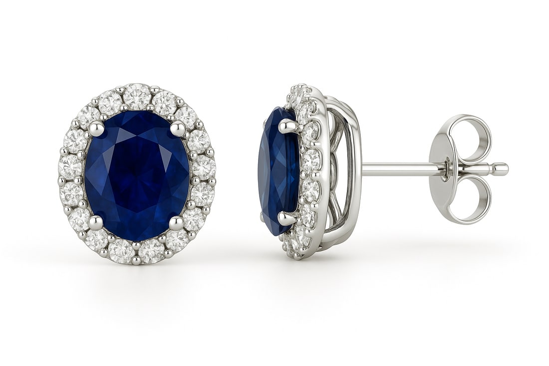 6.00 CT Oval Cut Lab Grown Blue Sapphire Halo Earrings with Lab Grown Diamonds in 14K White Gold: A pair of dazzling 6.00 carat oval cut lab grown blue sapphires radiate deep royal blue brilliance, each surrounded by a halo of sparkling round lab grown diamonds. Set in polished 14K white gold, the