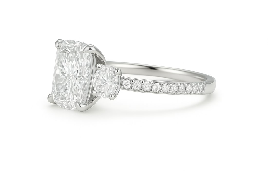 5.50 CT Cushion Cut Lab Grown Diamond Three-Stone Ring with Round Side Stones in 14K White Gold: A stunning 5.50 carat cushion cut lab grown diamond sparkles brilliantly at the center, flanked by two round cut lab grown diamond side stones. The pavé-set diamond band enhances brilliance from ever