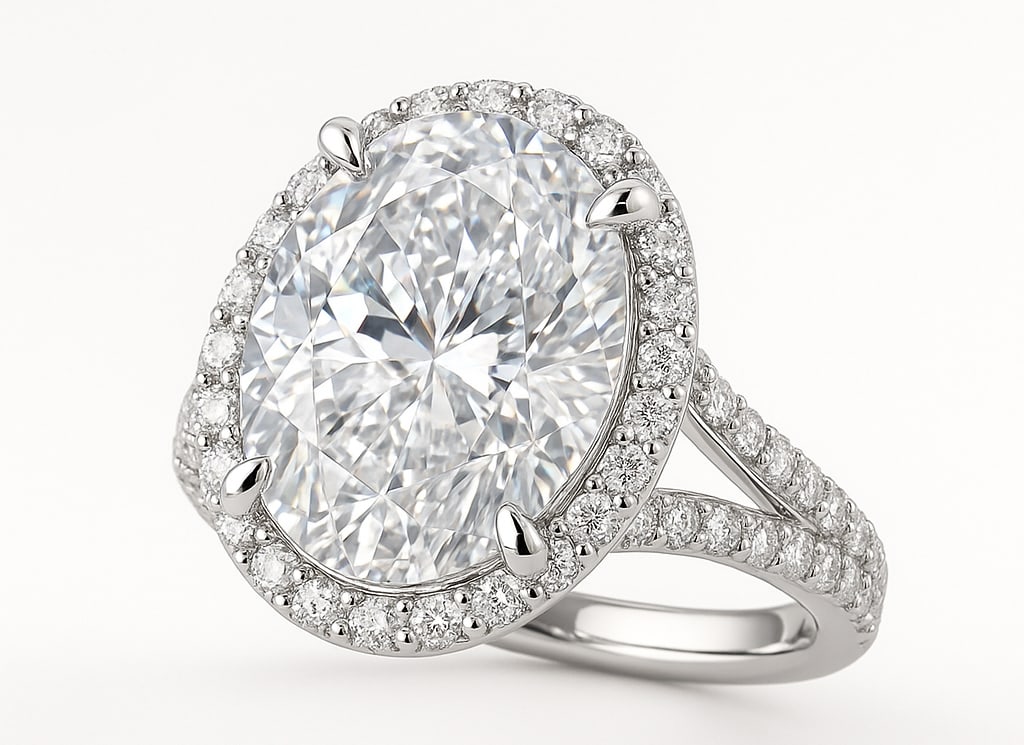 7.50 CT Oval Cut Lab Grown Diamond Halo Ring with Split Pavé Band in 14K White Gold: A magnificent 7.50 carat oval cut lab grown diamond sparkles at the center, encircled by a halo of brilliant round diamonds. The split pavé-set diamond band enhances the brilliance from every angle, 