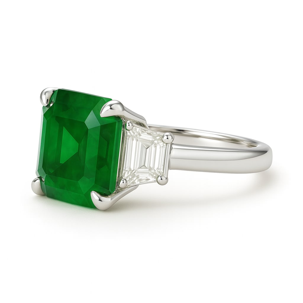 7.50 CT Asscher Cut Lab Grown Emerald Three-Stone Ring in 14K White Gold (1 of 2)