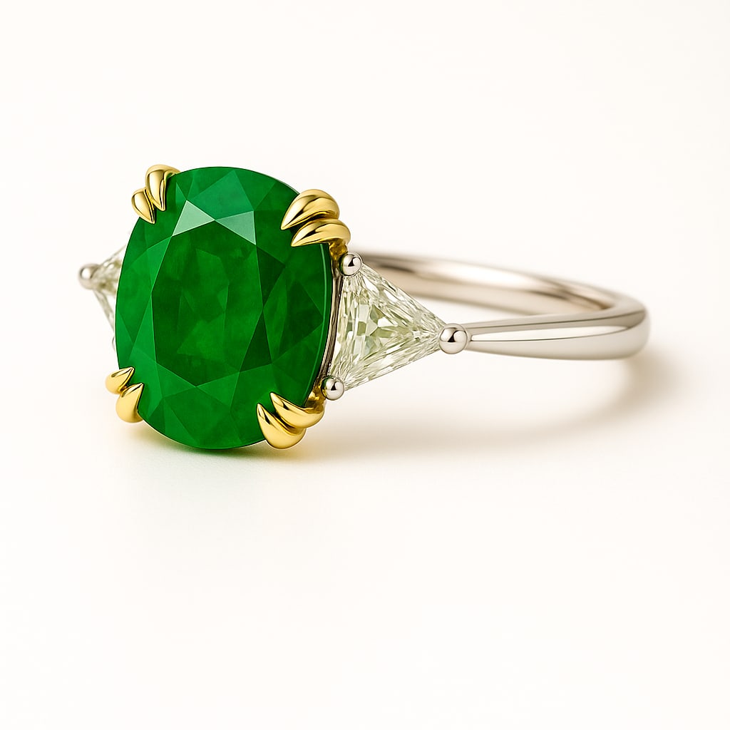 8.00 CT Oval Cut Lab Grown Emerald Three-Stone Ring in 14K Two-Tone Gold: 8.00 ct oval cut lab grown emerald with diamond side stones, set in two-tone gold.