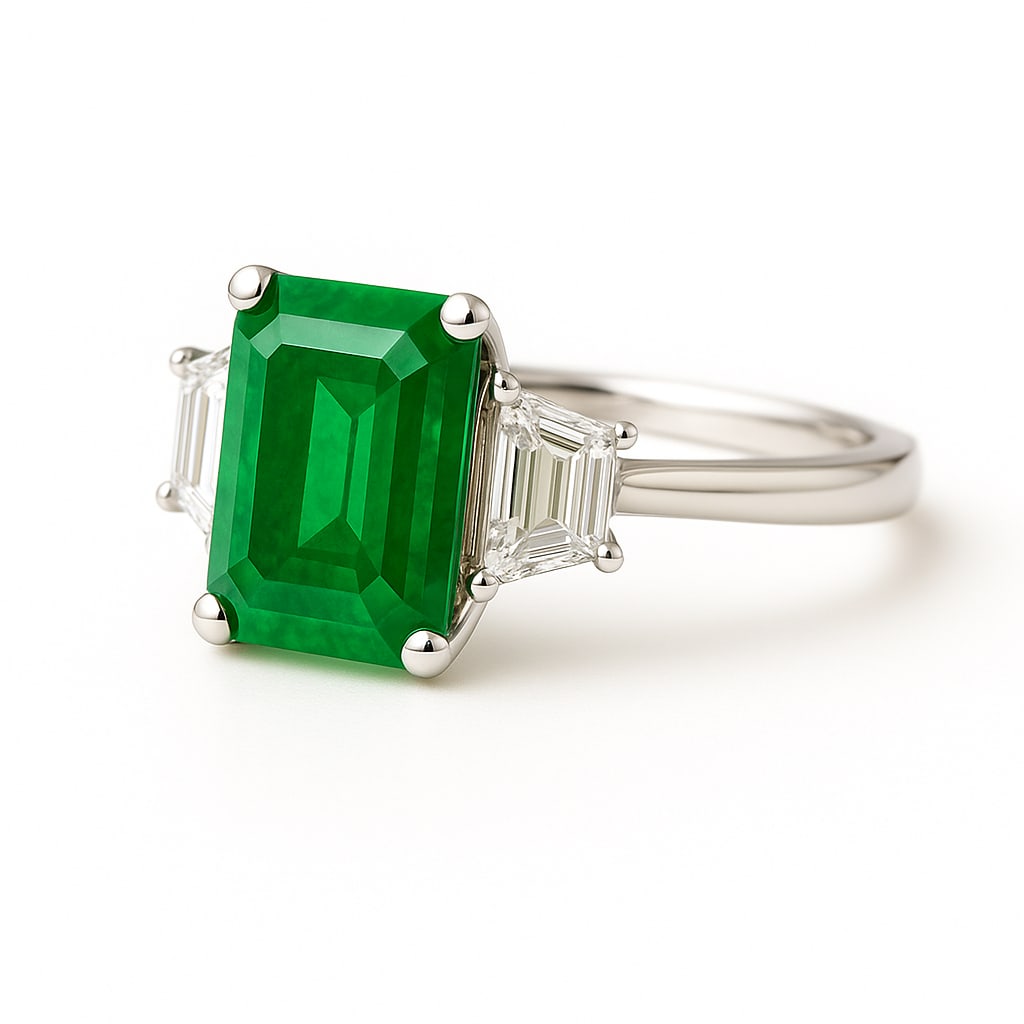 10.00 CT Emerald Cut Lab Grown Emerald Three-Stone Ring in 14K White Gold: 10.00 ct emerald cut lab grown emerald with trapezoid diamond side stones, set in 14K white gold.