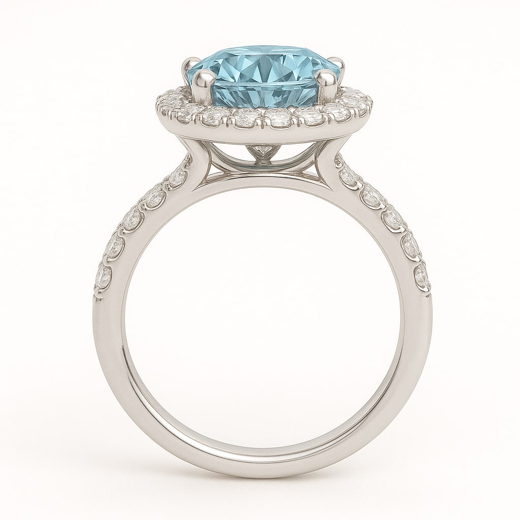 4.00 CT Round Cut Blue Lab Grown Diamond Halo Ring in 14K White Gold: 4.00 ct round cut blue lab grown diamond halo ring with pavé band, crafted in 14K white gold.