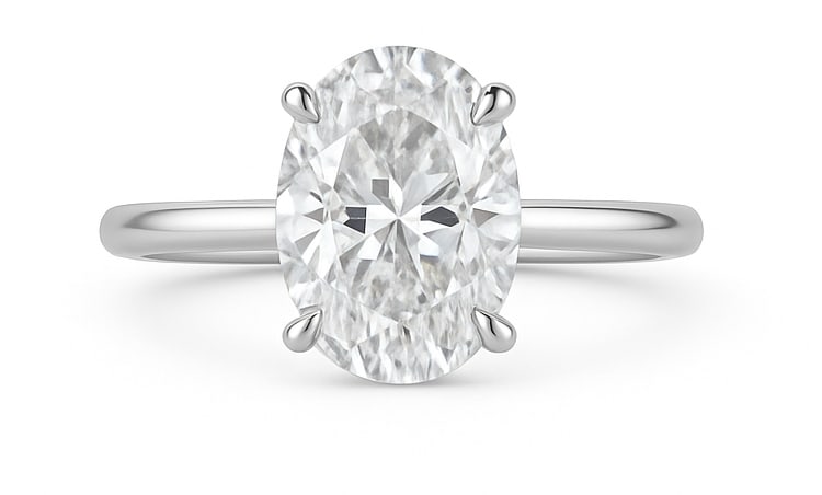 10 CT Oval-Cut lab-grown diamond Diamond Solitaire Ring in 14K White Gold: **Center Stone:** 10.00 Carat Oval-Cut lab-grown diamond Diamond, E?F Color, VVS1?VS2 Clarity. **Setting:** Classic four-prong solitaire in solid 14K white gold with high-polish finish. **Ring Size:**