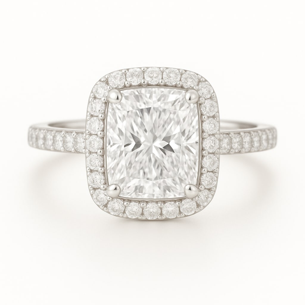 7.50 CT Cushion-Cut lab-grown diamond Diamond Halo Engagement Ring in 14K White Gold: **Center Stone:** 7.50 Carat Cushion-Cut lab-grown diamond Diamond, E?F Color, VVS1?VS2 Clarity. **Setting:** Halo with pav?-set round diamonds. **Band:** Pav? diamond shank in 14K white gold. **Purpo