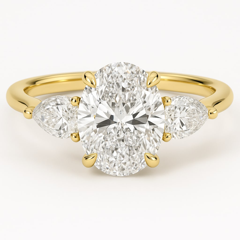 5 CT Oval-Cut lab-grown diamond Diamond Three-Stone Ring in 14K Yellow Gold: **Center Stone:** 5.00 Carat Oval-Cut lab-grown diamond Diamond, E?F Color, VVS1?VS2 Clarity. **Side Stones:** Pear-shaped lab-grown diamond diamonds. **Setting:** Three-stone prong in 14K yellow gold