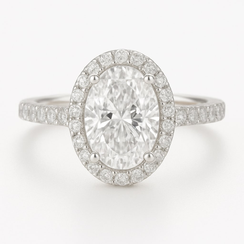 5 CT Oval-Cut lab-grown diamond Diamond Halo Engagement Ring in 14K White Gold: **Center Stone:** 5.00 Carat Oval-Cut lab-grown diamond Diamond, E?F Color, VVS1?VS2 Clarity. **Setting:** Halo with pav? diamonds. **Band:** Pav? diamond band in 14K white gold. **Shipping:** Free in