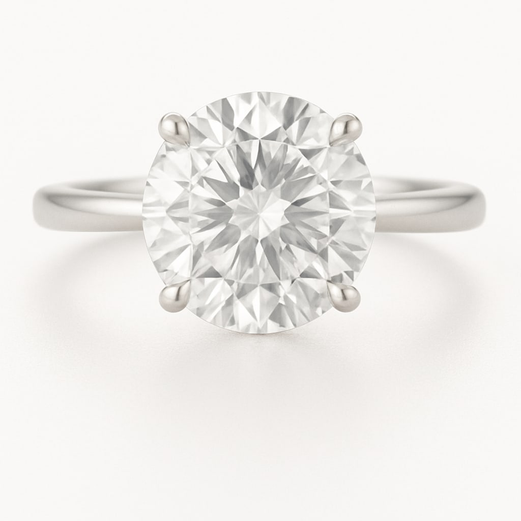 10 CT Round-Cut lab-grown diamond Diamond Solitaire Ring in 14K White Gold: **Center Stone:** 10.00 Carat Round-Cut lab-grown diamond Diamond, E?F Color, VVS1?VS2 Clarity. **Setting:** Classic solitaire. **Shipping:** Free insured worldwide express. Each lab-grown diamond dia