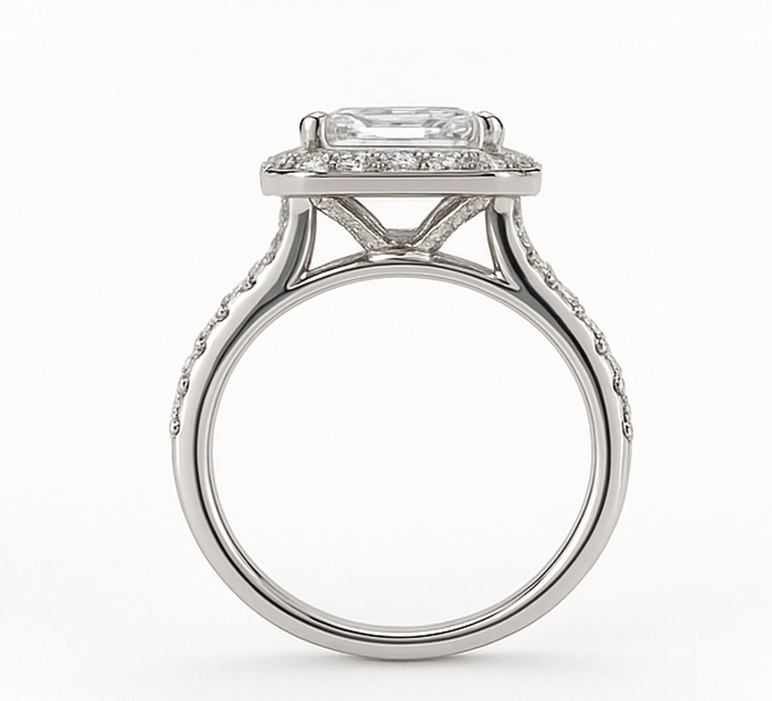 5 CT Emerald-Cut lab-grown diamond Diamond Halo Engagement Ring in 14K White Gold: **Center Stone:** 5.00 Carat Emerald-Cut lab-grown diamond Diamond. **Setting:** Halo pav?. **Shipping:** Free insured worldwide express. Each lab-grown diamond diamond is ethically created with excep